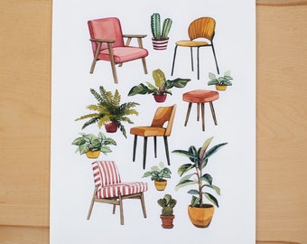 Plants and chairs - Watercolor ilustration. Fine art archival print (giclee) on A4 100% cotton paper.