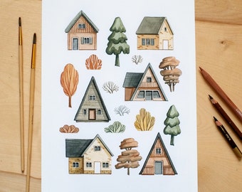 Cottages among autumn trees - Watercolor ilustration. Fine art archival print (giclee) on A4 100% cotton paper.