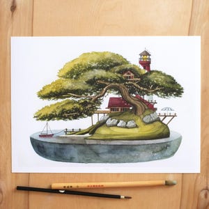 Secret Island 2 - Illustrazione ad acquerello. Stampa d'archivio d'arte, giclée su carta A4 100% cotone.