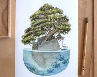 Floating island  -  Watercolor ilustration. Fine art archival print on A4 100% cotton paper