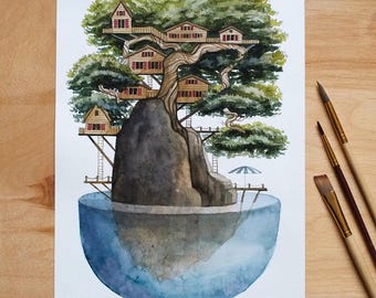 Floating island  -  Watercolor ilustration. Fine art archival print on A4 100% cotton paper