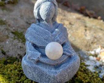 Moon Goddess Statue - Miniature Goddess holding Moonstone Gemstone in her arms - Goddess Selene Statue - Lunar Ritual Goddess