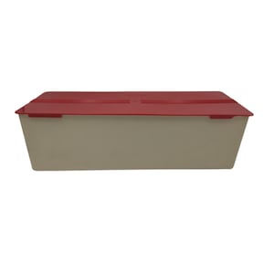May include: A beige storage box with a red lid. The lid has a slight curve to it and is slightly raised above the box.