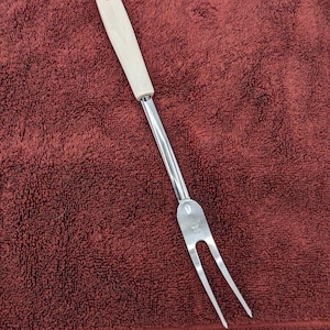 Meat Carving Serving Fork Ekco Chromium  Plated USA 11.25&quot; White Handle Vintage