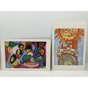 Ensemble de 4 cartes de voeux de Noël Unicef colorées et graphiques vintage  des années 80