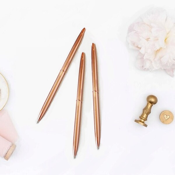 5 Skinny Rose Gold metal pen, Rose Gold Pen, Gold Pen, Wedding Guest Book pen, Planner Pen, Slim Journal Pen, Metal Ballpoint Pen, Black Ink