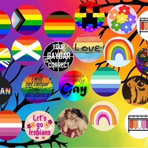 May include: A colorful collage of images and text celebrating LGBTQ+ pride. The images include rainbows, flags, flowers, and a human figure. The text includes phrases like "Your Gaydar is Correct", "Unapologetically Gay", and "Let's go lesbians".