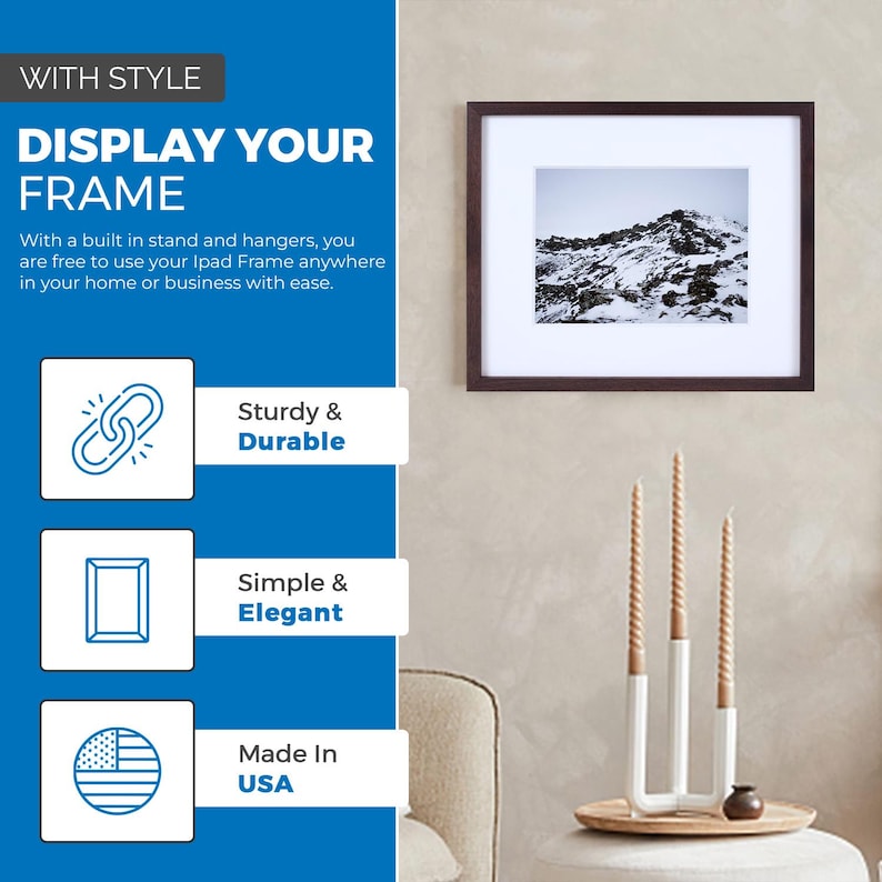 Pu&ograve; includere: Una cornice per foto in legno marrone con un passepartout bianco e una foto di un paesaggio montano innevato. La cornice &egrave; appesa a un muro con una superficie testurizzata bianca. La cornice ha un supporto integrato e ganci, il che la rende facile da esporre su un tavolo o una parete. Il testo "WITH STYLE" e "DISPLAY YOUR FRAME" &egrave; visibile nell'angolo in alto a sinistra dell'immagine. Il testo "Sturdy & Durable", "Simple & Elegant", e "Made In USA" &egrave; visibile nell'angolo in basso a sinistra dell'immagine.
