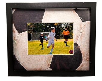 iFrame Soccer Frames I Fits 5x7 Photo, Real Wood Black Finish, Desktop or Wall Mount I Shatterproof Lens I Made in the USA (Futbol)