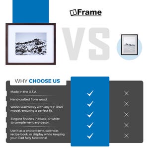 Pu&ograve; includere: Un grafico di confronto che mostra le caratteristiche di una cornice per iPad personalizzata rispetto a una cornice generica. La cornice personalizzata &egrave; realizzata negli Stati Uniti, realizzata a mano in legno e funziona perfettamente con un iPad da 9,7 pollici. &Egrave; disponibile in nero o bianco e pu&ograve; essere utilizzata come cornice per foto, calendario o libro di ricette. La cornice generica non ha queste caratteristiche.