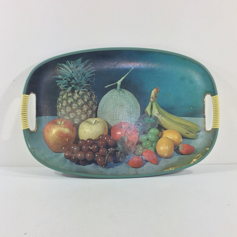 Mid century serving tray Vintage blue fiberboard Fruit oval platter Made in Japan