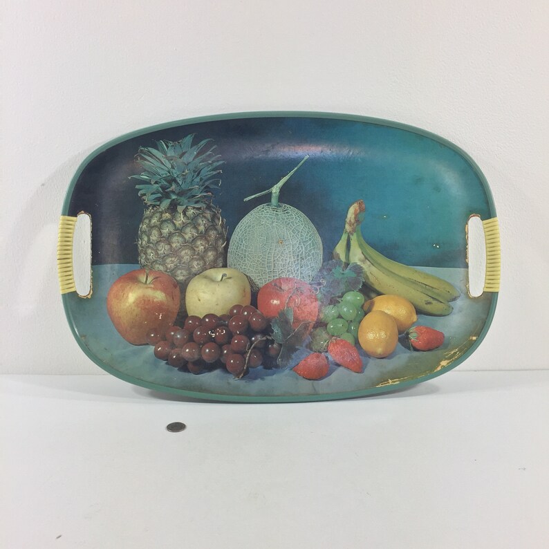 Mid century serving tray Vintage blue fiberboard Fruit oval platter Made in Japan