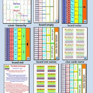 Peut inclure: Ensemble de matériel pédagogique sur la théorie musicale. Comprend des tableaux et des cartes colorés illustrant les valeurs de notes, les silences et un jeu appelé "The Note Exchange". Destiné à l'apprentissage de la notation musicale.