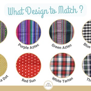 May include: A chart with ten different fabric patterns, each in a circle with a label underneath. The patterns include tribal, purple Aztec, green Aztec, blue gingham, yellow polka dot, red sun, white tartan, and the Scots.