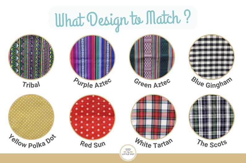 May include: A chart with ten different fabric patterns, each in a circle with a label underneath. The patterns include tribal, purple Aztec, green Aztec, blue gingham, yellow polka dot, red sun, white tartan, and the Scots.