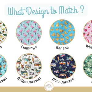 May include: A collage of eight different fabric patterns, each with a unique design. The patterns include avocado, flamingo, banana, watermelon, green caravan, beige caravan, blue caravan, and palm.