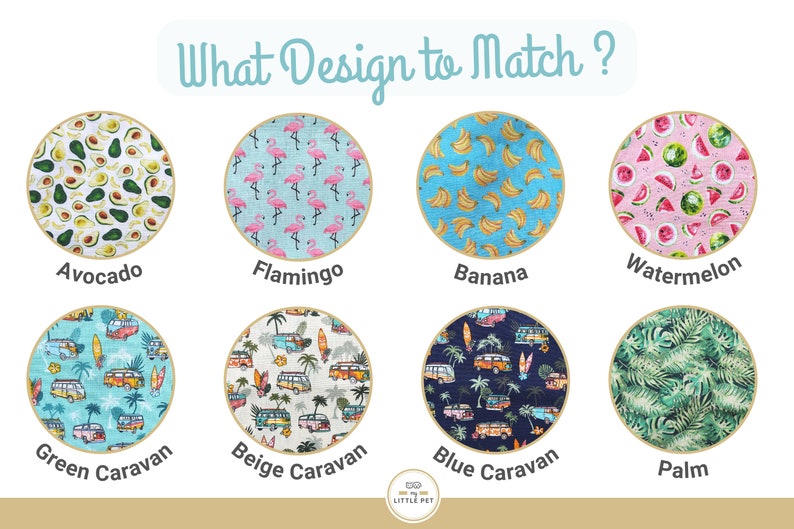May include: A collage of eight different fabric patterns, each with a unique design. The patterns include avocado, flamingo, banana, watermelon, green caravan, beige caravan, blue caravan, and palm.