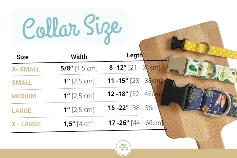 May include: A chart showing collar sizes for dogs in inches and centimeters. The chart includes the size, width, and length of the collar. The chart is on a wooden background with three dog collars in different patterns.