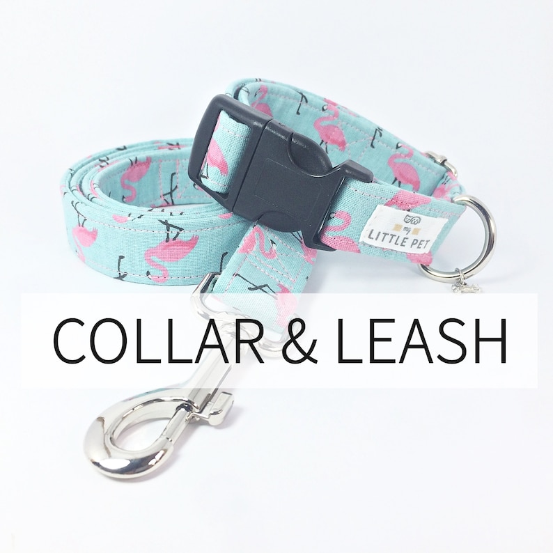 May include: A turquoise blue dog collar and leash set with a pink flamingo print. The collar has a black plastic buckle and the leash has a silver clip. The collar has the text "Little Pet" printed on it.