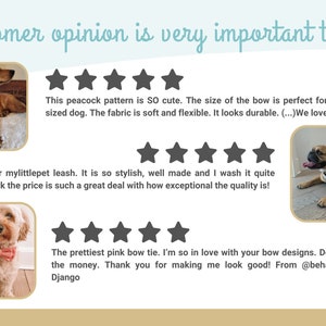 May include: Three customer reviews for dog accessories, featuring photos of dogs wearing a blue bow tie, a black and white leash, and a pink bow tie. The reviews are positive and mention the quality, style, and price of the products.