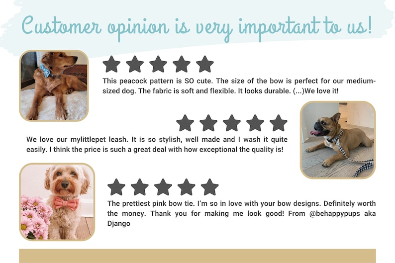 May include: Three customer reviews for dog accessories, featuring photos of dogs wearing a blue bow tie, a black and white leash, and a pink bow tie. The reviews are positive and mention the quality, style, and price of the products.