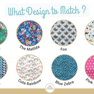 May include: A chart with eight different fabric patterns, each with a name below it. The patterns include cactus, floral, fox, dinosaur, geometric, rainbow, zebra, and polka dot.