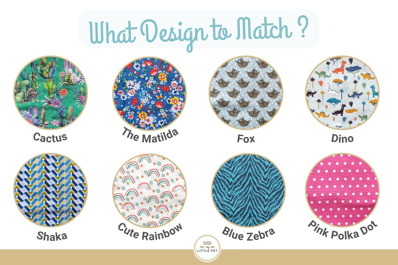 May include: A chart with eight different fabric patterns, each with a name below it. The patterns include cactus, floral, fox, dinosaur, geometric, rainbow, zebra, and polka dot.