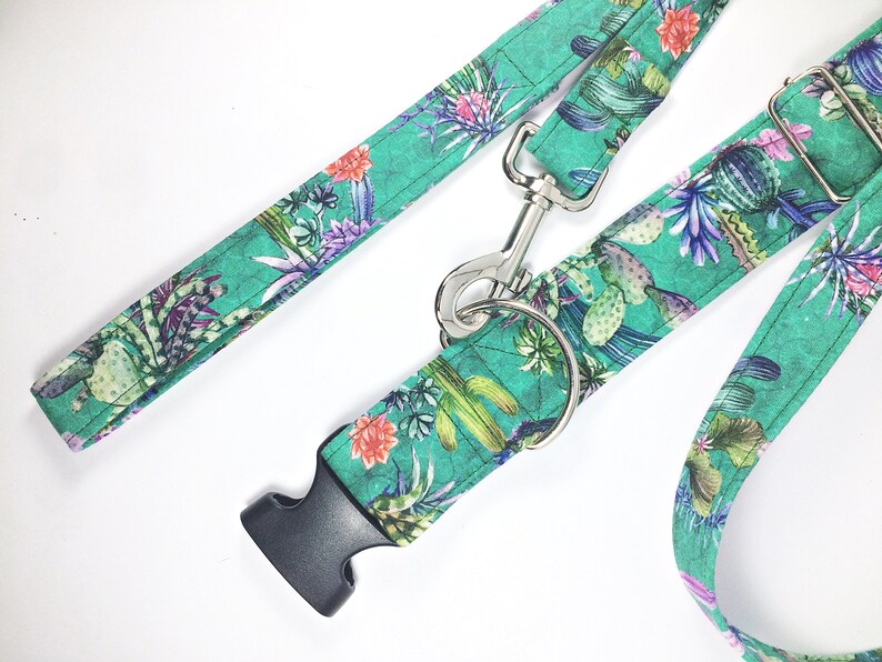 May include: A green and floral dog collar and leash set with a silver clasp. The collar has a black plastic buckle.