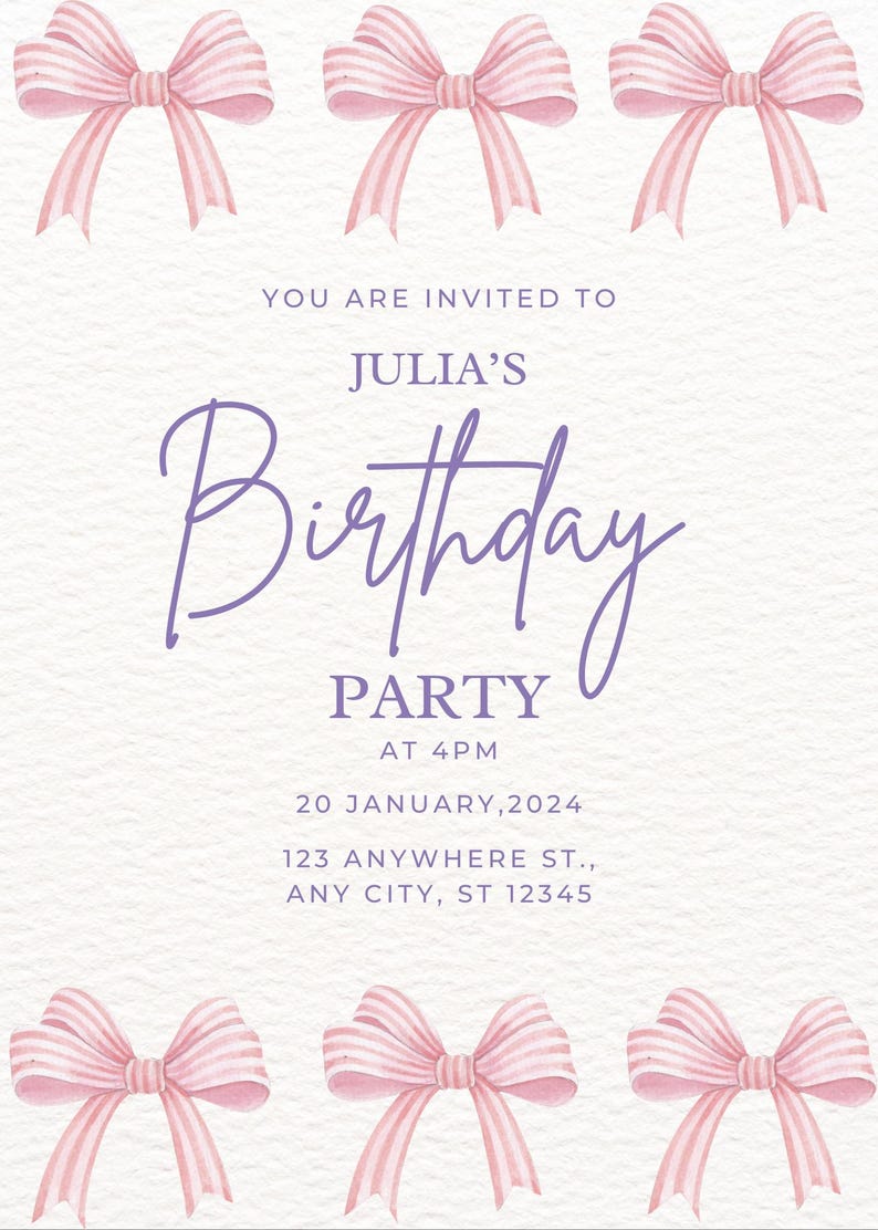 Invitación de cumpleaños con moño / Descarga digital / Invitación de ...