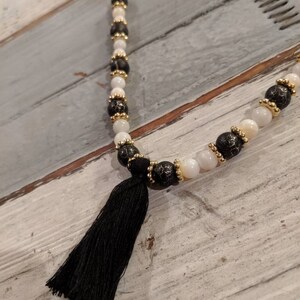 Necklace, Black & white tassel, beaded necklace, handmade jewelry, gift for her, statement necklace