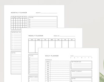 Minimalist Planner Bundle, Printable Monthly Weekly Daily Planner, Downloadable Planner Bundle, Digital Monthly Weekly Daily Planners