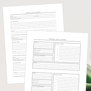 May include: A printable personal goal planner with sections for goal, start date, end date, incentive/reward, action steps, and notes. The planner is designed to help you set and achieve your goals.
