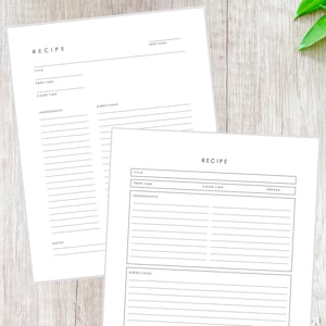 Minimalist Recipe Card, Downloadable Recipe Template, Printable Recipe Page, Recipe Book Template