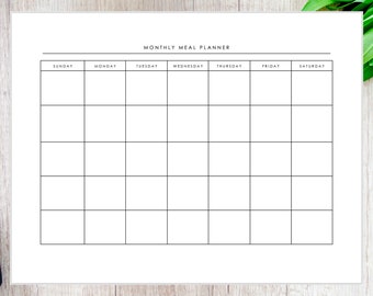May include: A printable monthly meal planner with a grid layout for each day of the week, Sunday through Saturday. The planner is designed to help you plan your meals for the month.