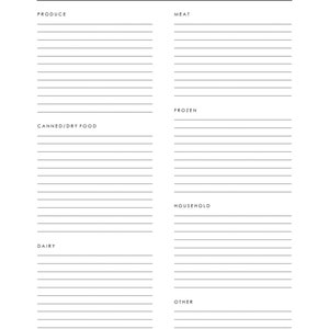 May include: A printable grocery list template with categories for produce, meat, frozen, canned/dry food, dairy, household, and other.