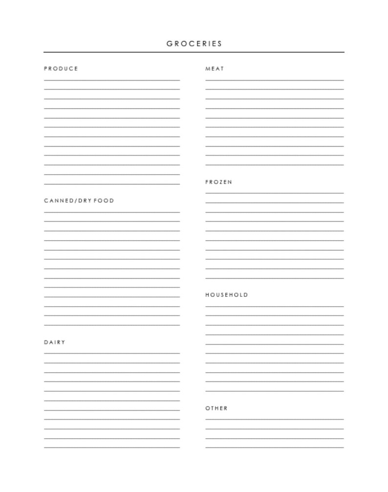 May include: A printable grocery list template with categories for produce, meat, frozen, canned/dry food, dairy, household, and other.