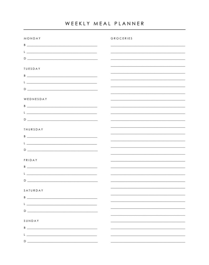 Minimalist Weekly Meal Planner Template Downloadable Meal Planner