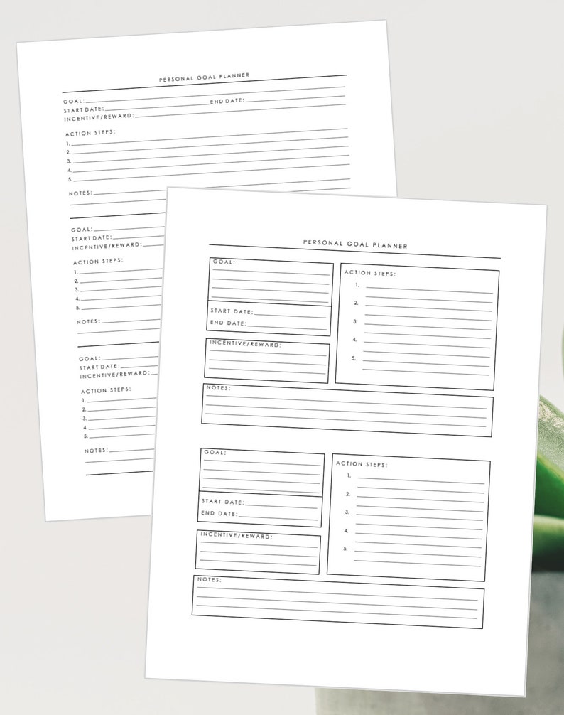 May include: A printable personal goal planner with sections for goal, start date, end date, incentive/reward, action steps, and notes. The planner is designed to help you set and achieve your goals.
