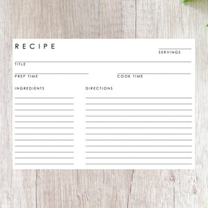 Carte de recette minimaliste 4x6 et 5x7, modèle de recette téléchargeable, carte de recette imprimable, carte de recette numérique