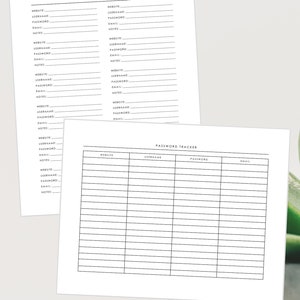 Puede incluir: Un rastreador de contrase&ntilde;as imprimible con columnas para el sitio web, el nombre de usuario, la contrase&ntilde;a y el correo electr&oacute;nico. El rastreador est&aacute; dise&ntilde;ado para ayudar a los usuarios a realizar un seguimiento de sus cuentas en l&iacute;nea.