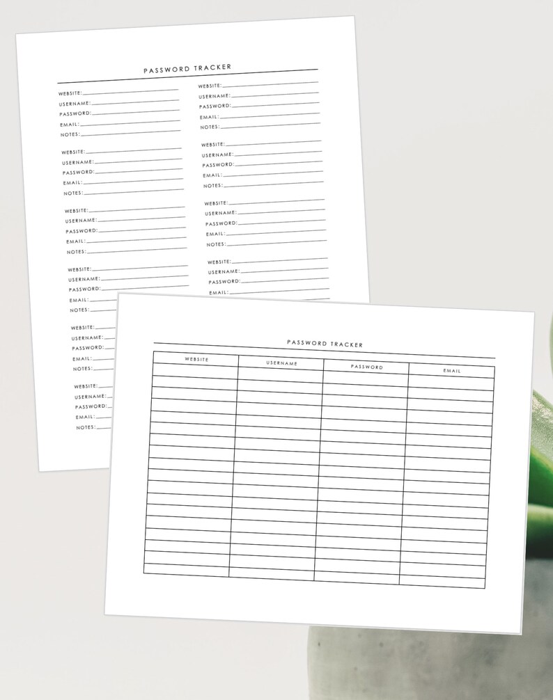 Puede incluir: Un rastreador de contrase&ntilde;as imprimible con columnas para el sitio web, el nombre de usuario, la contrase&ntilde;a y el correo electr&oacute;nico. El rastreador est&aacute; dise&ntilde;ado para ayudar a los usuarios a realizar un seguimiento de sus cuentas en l&iacute;nea.