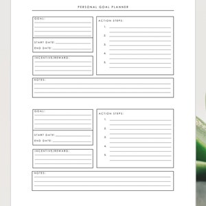 May include: A printable personal goal planner with two sections for setting goals, action steps, start and end dates, incentives or rewards, and notes.