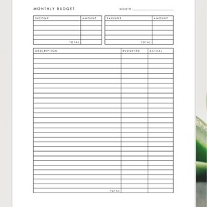Puede incluir: Un planificador de presupuesto mensual imprimible con secciones para ingresos, ahorros, gastos y totales. El planificador tiene un dise&ntilde;o simple en blanco y negro.