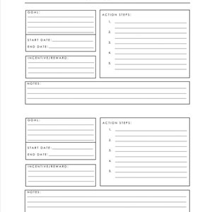 May include: A printable personal goal planner with two sections for setting goals, action steps, start and end dates, incentives or rewards, and notes.