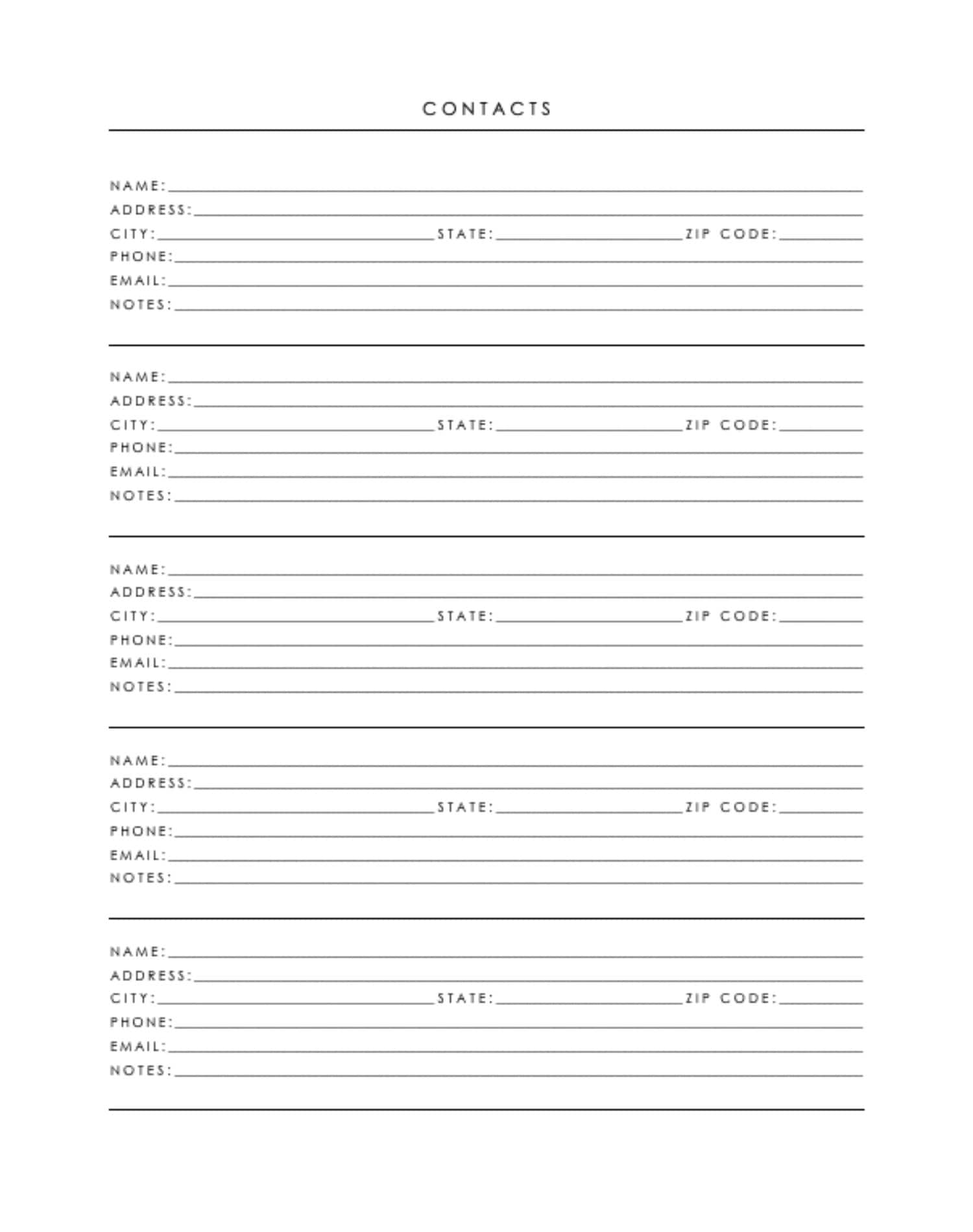 Minimalist Contact Keeper Downloadable Contacts Keeper Printable