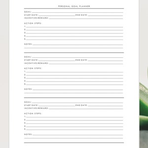 May include: A printable personal goal planner with three sections for setting goals, start and end dates, incentives, action steps, and notes.