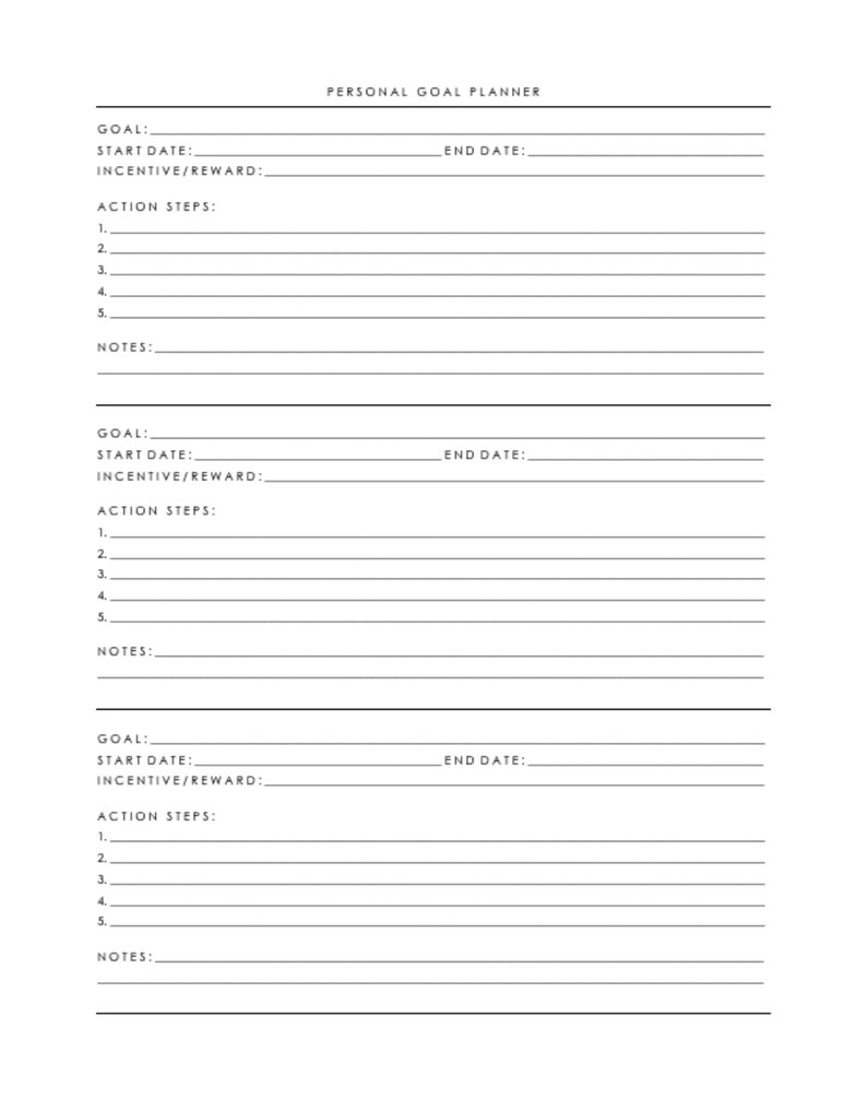 May include: A printable personal goal planner with three sections for setting goals, start dates, end dates, incentives, action steps, and notes.
