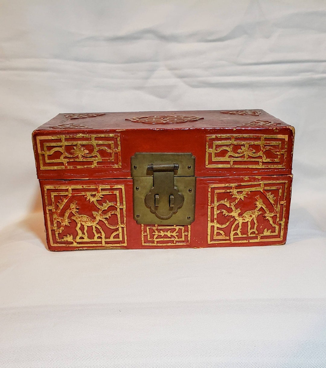 Vintage 1900's Oriental Lacquered Leather Box With Gilded