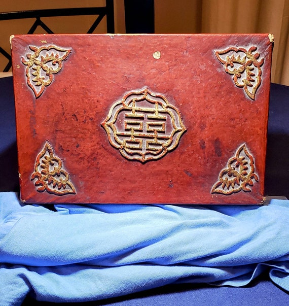 Vintage 1900's Oriental Lacquered Leather Box With Gilded