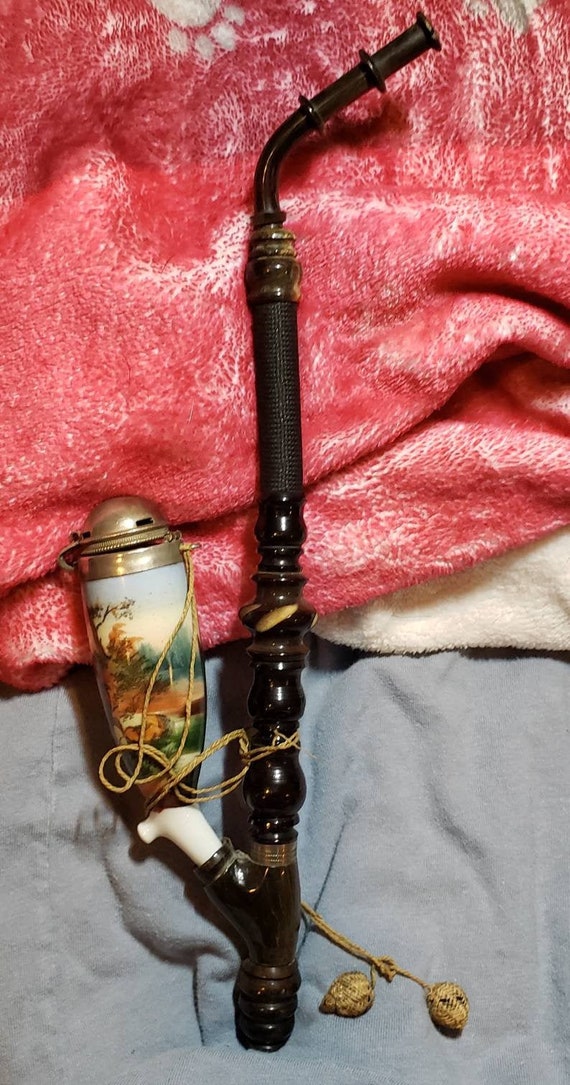 Antique German Wooden Smoking Pipe With Hand Painted Porcelain Etsy